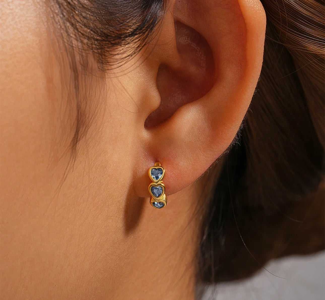 Blue Heart Huggie Earrings, 14k thick gold plate on sterling silver