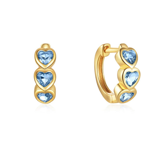Blue Heart Huggie Earrings, 14k thick gold plate on sterling silver
