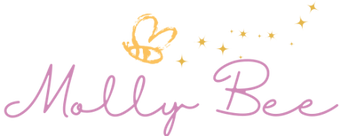 Logo with 'Molly Bee' written in a stylized font, featuring a bee icon and decorative elements on a white background.