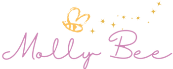 Logo with 'Molly Bee' written in a stylized font, featuring a bee icon and decorative elements on a white background.